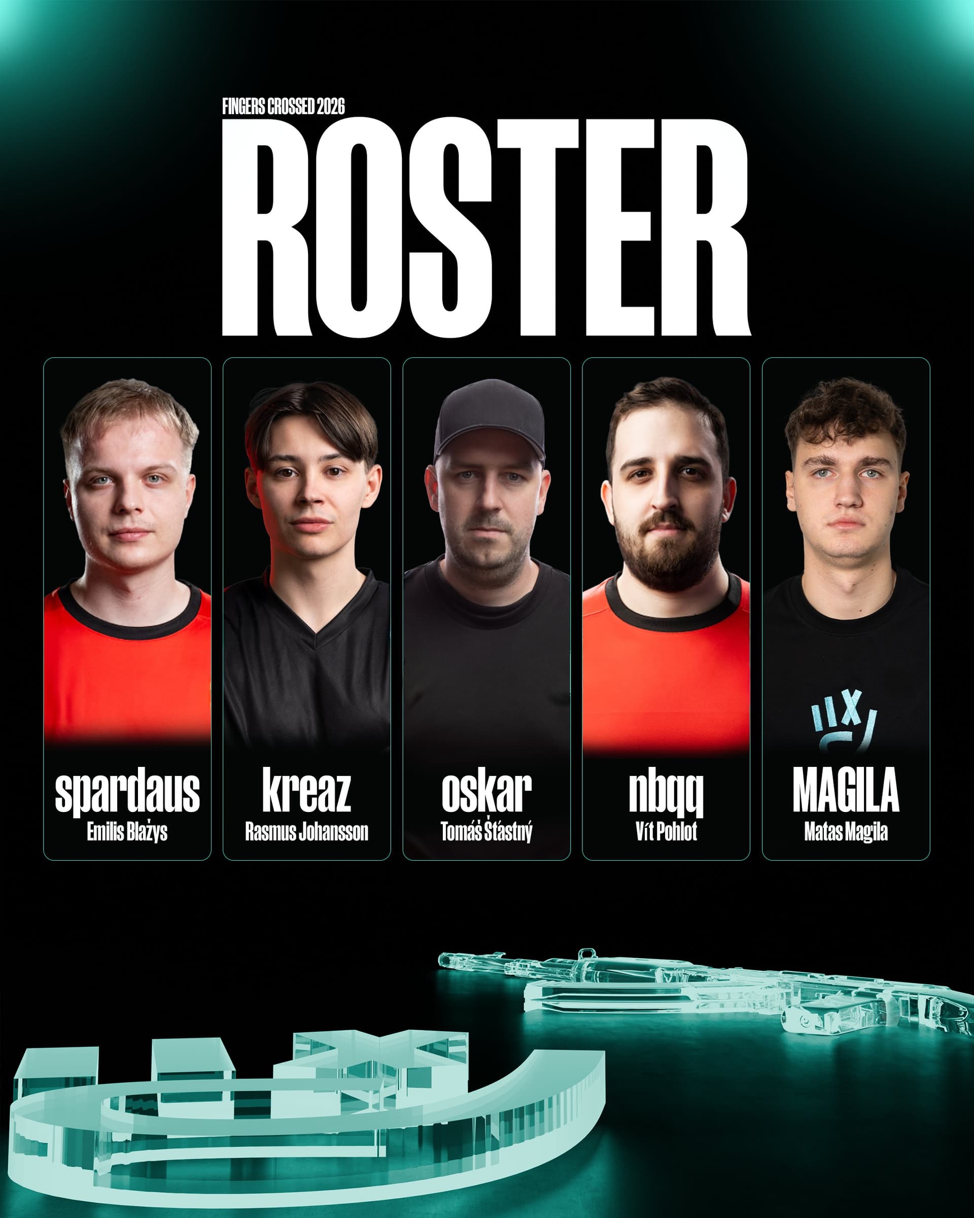 Fingers Crossed CS2 komandos sudėtis 2026: spardaus, kreaz, oskar, nbqq, MAGILA